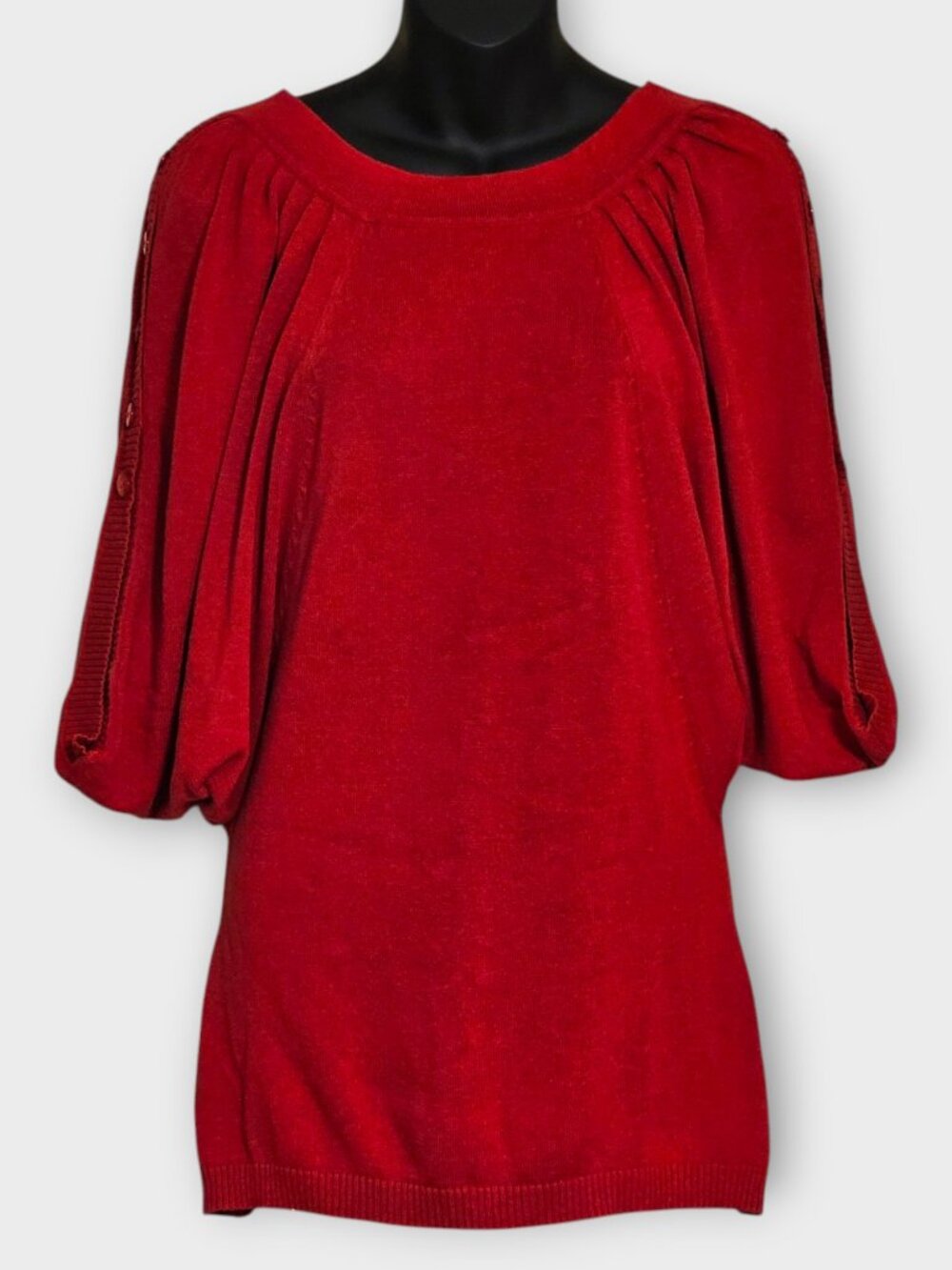 IMAN Sweater Womens S Red Tunic Batwing Dolman Sleeve Button Detail Knit